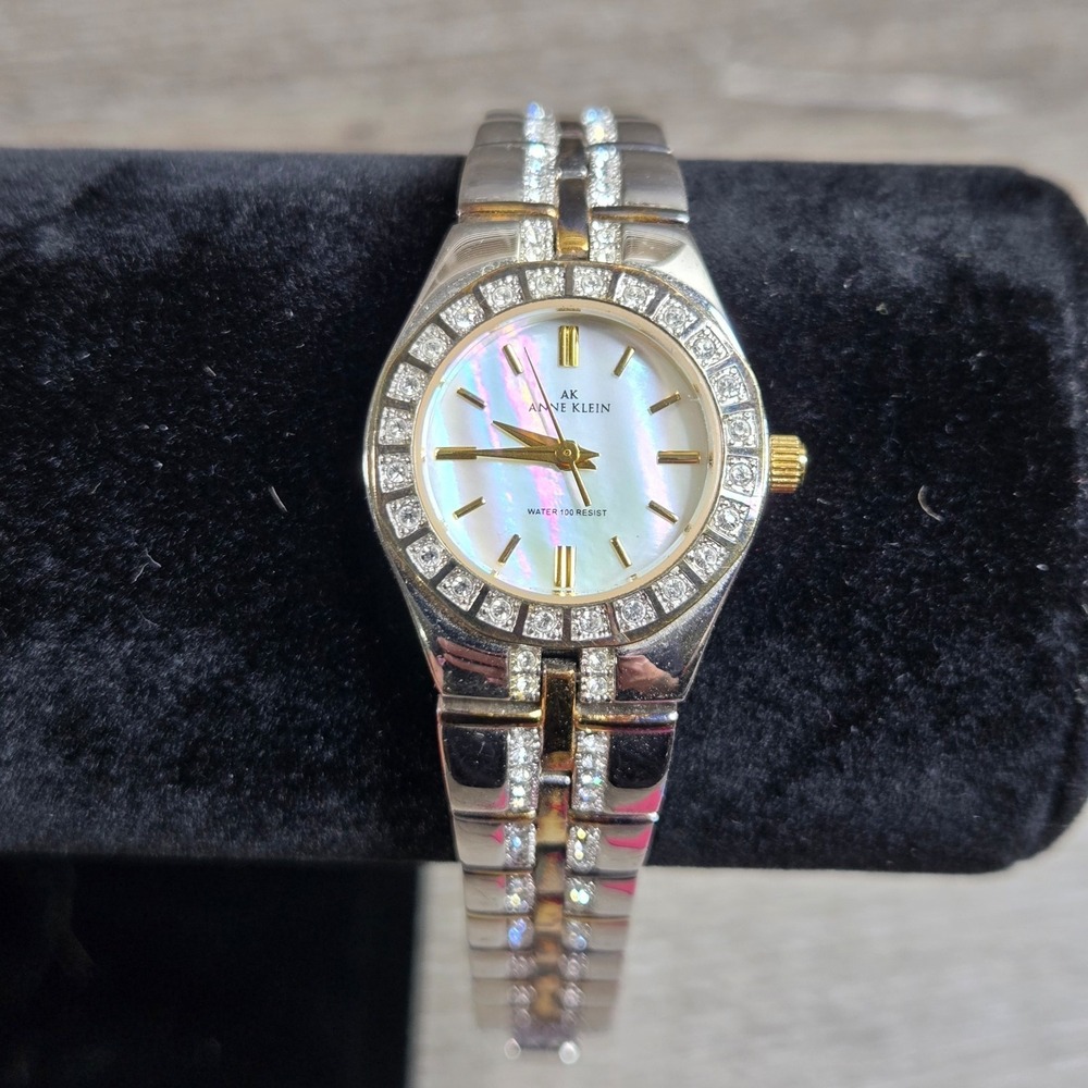 Anne Klein MOP Crystal Accented 10/7977 Gold & Silver Tone Ladies Wrist Watch S5